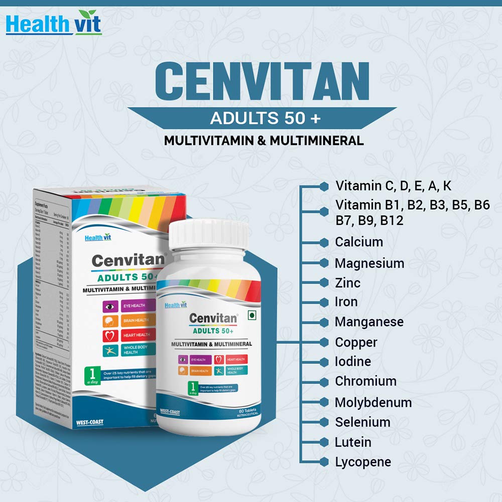 Healthvit Cenvitan Adults 50+ Multivitamin & Multimineral with 25 Nutrients (Vitamins and Minerals) | Eye Health, Heart Health, Brain Health and Whole Body Health - 60 Tablets