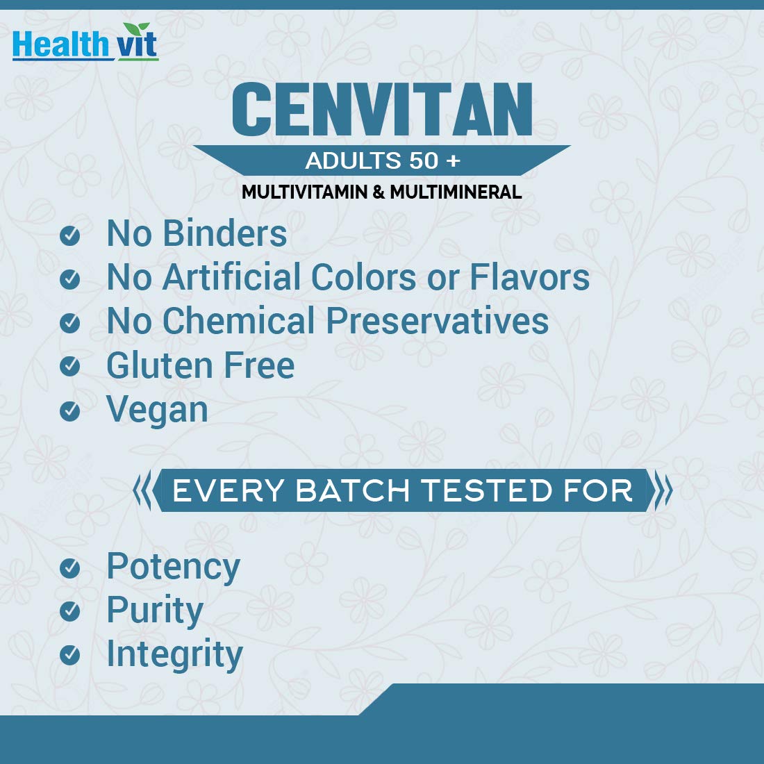 Healthvit Cenvitan Adults 50+ Multivitamin & Multimineral with 25 Nutrients (Vitamins and Minerals) | Eye Health, Heart Health, Brain Health and Whole Body Health - 60 Tablets