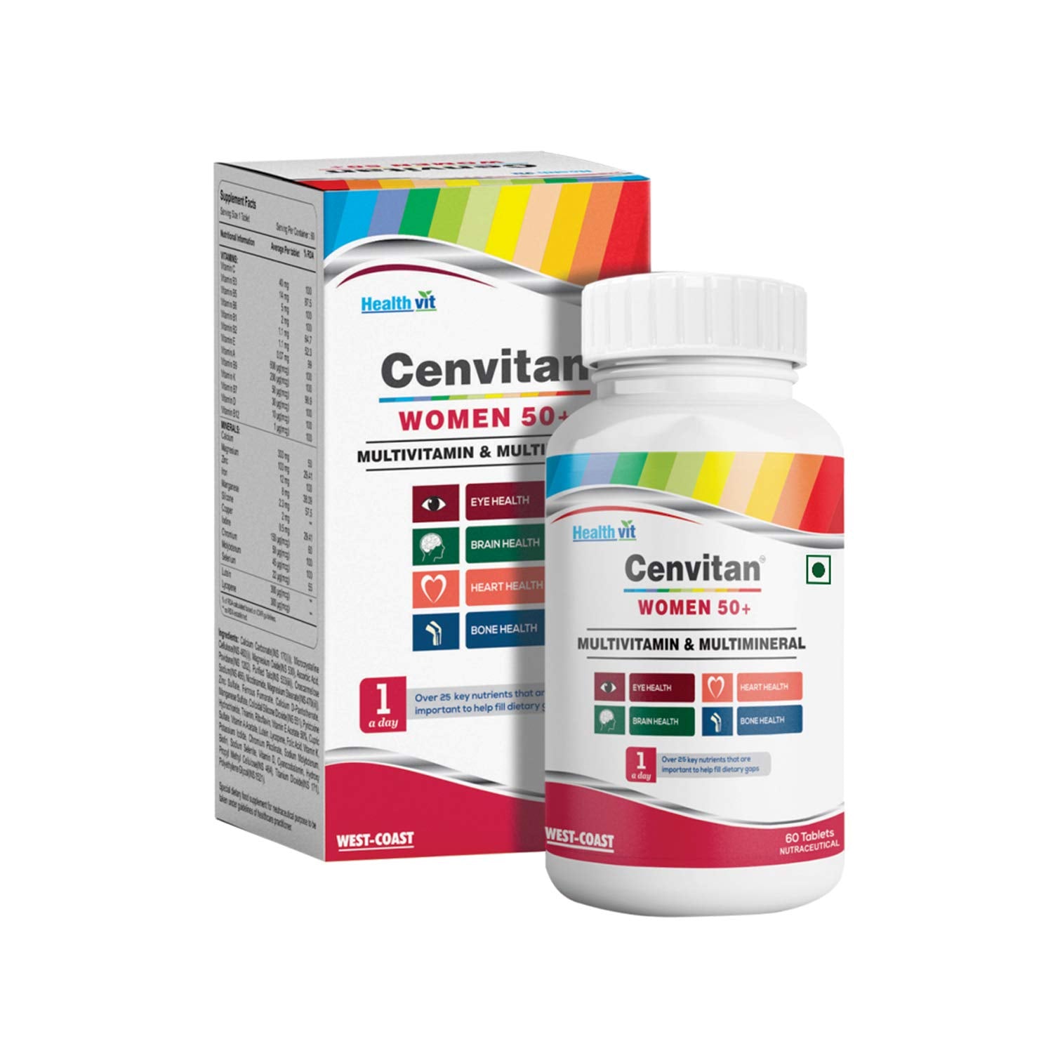 Healthvit Cenvitan Women 50+ Multivitamins and Multimineral 25 Nutrients (Vitamins and Minerals) |Eye Health, Brain Health, Bone Health and Heart Health – 60 Tablets