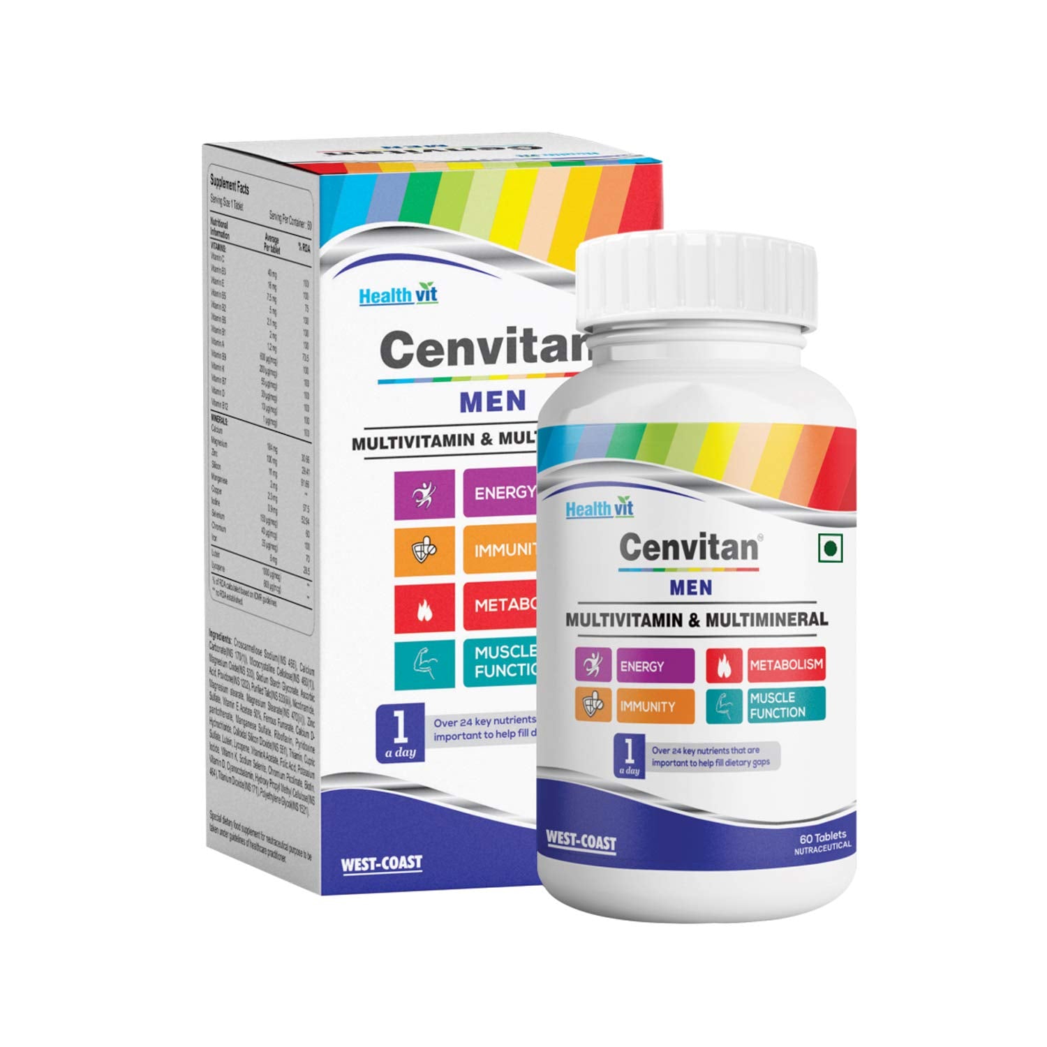 Healthvit Cenvitan Multivitamin for Men - 60 Tablets with 24 Nutrients | Immunity Booster, Energy, Stamina & Recovery | Multivitamin for Men