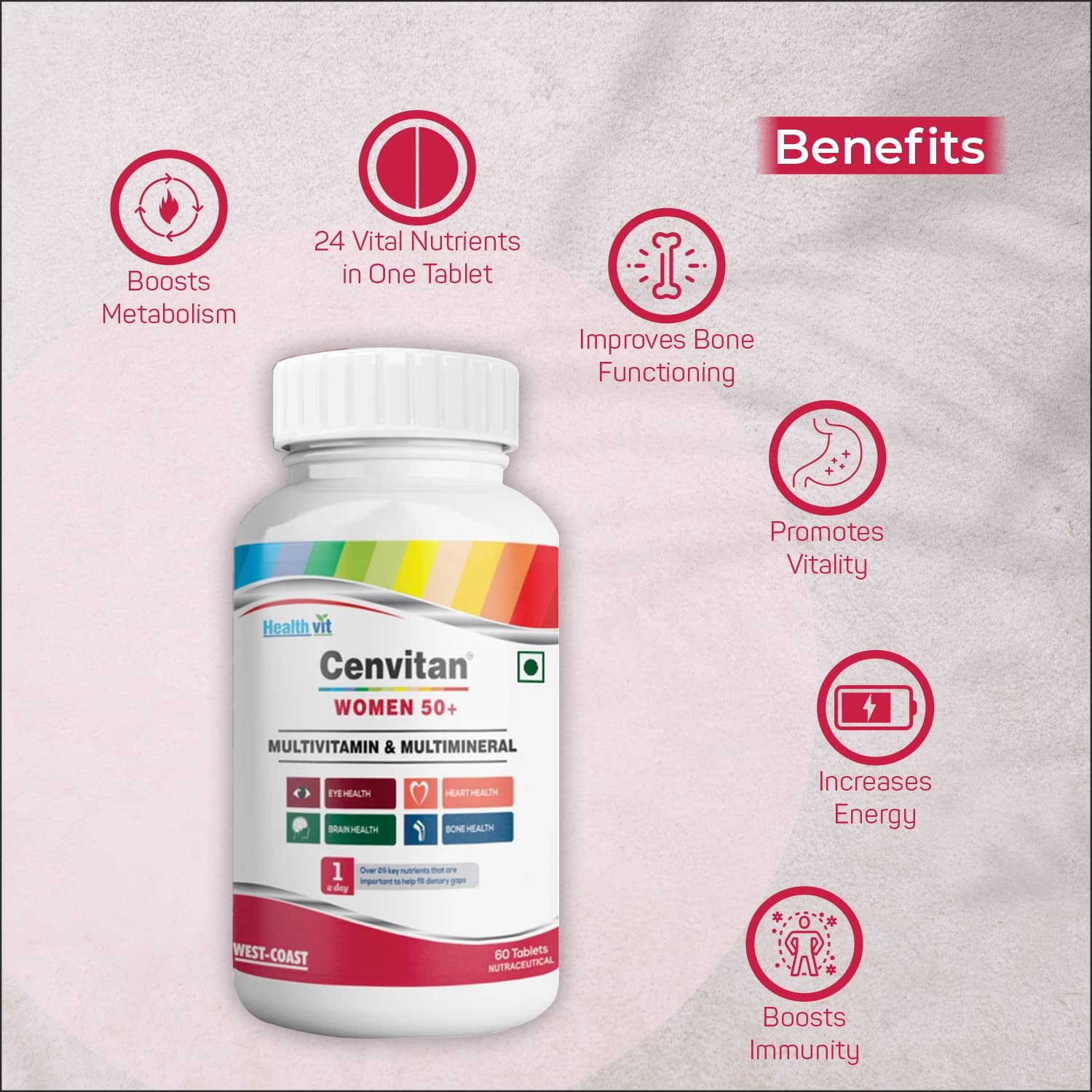Healthvit Cenvitan Women 50+ Multivitamins and Multimineral 25 Nutrients (Vitamins and Minerals) | Eye Health, Brain Health, Bone Health and Heart Health– 60 Tablets (Pack of 2)