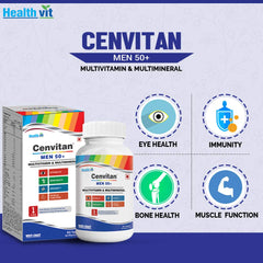 Healthvit Cenvitan Men 50+ Multivitamins and Multimineral 25 Nutrients (Vitamins and Minerals) | Eye Health, Immunity, Bone Health and Muscle Function – Pack of 60 Tablets