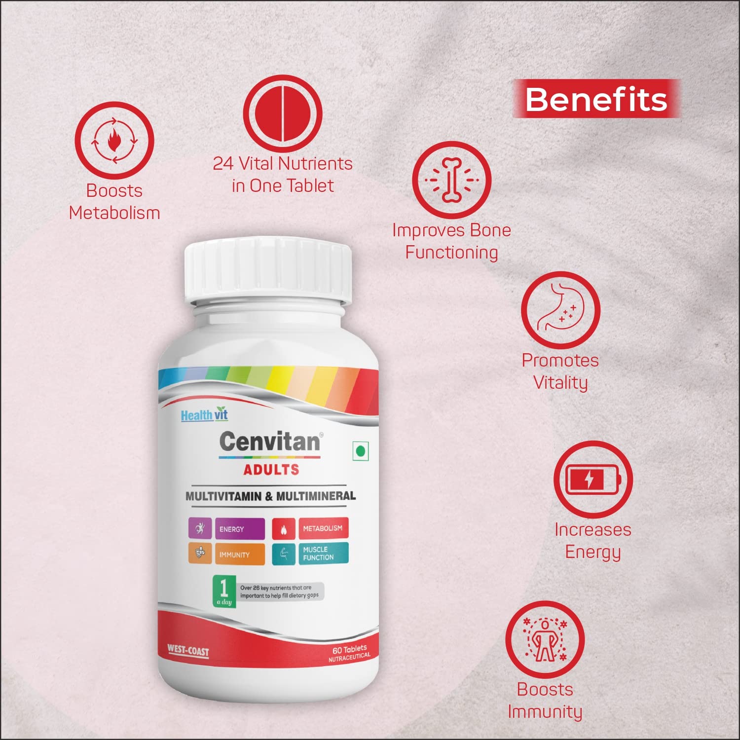 Healthvit Cenvitan Adults Multivitamin & Multimineral with 26 Nutrients (Vitamins and Minerals) | Energy, Metabolism, Immunity and Muscle Function - 60 Tablets