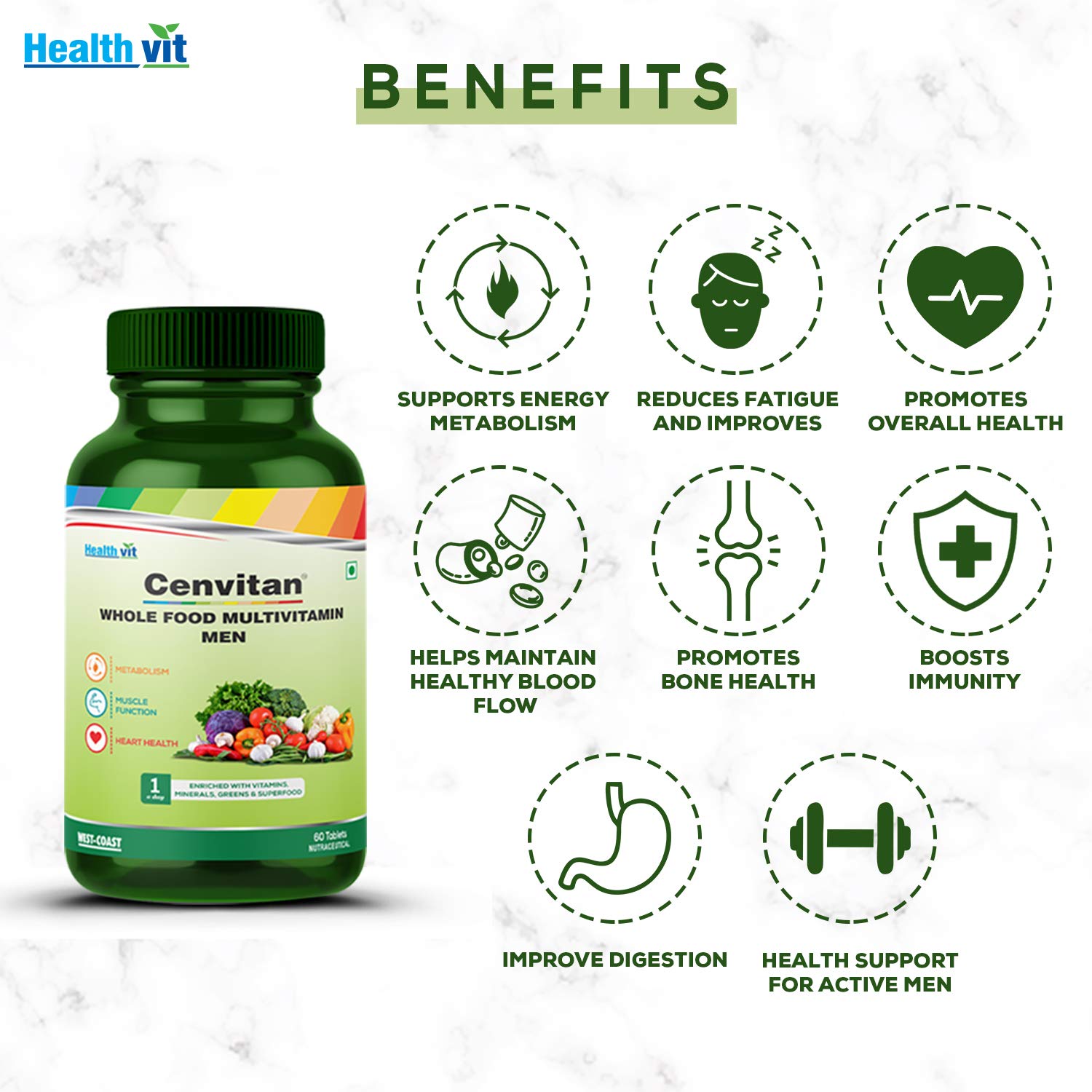 Healthvit Cenvitan Plant Based Whole Food Multivitamin for Men | Enriched with Vitamins Minerals Greens, Vegetables, Superfood, Fruits & Herbs Supplement For Immunity – 60 Tablets (Pack of 2)