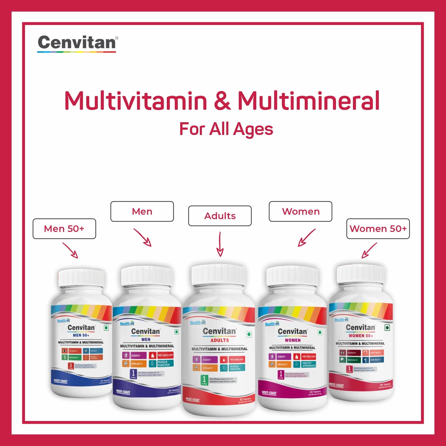 Healthvit Cenvitan Women 50+ Multivitamins and Multimineral 25 Nutrients (Vitamins and Minerals) | Eye Health, Brain Health, Bone Health and Heart Health– 60 Tablets (Pack of 2)