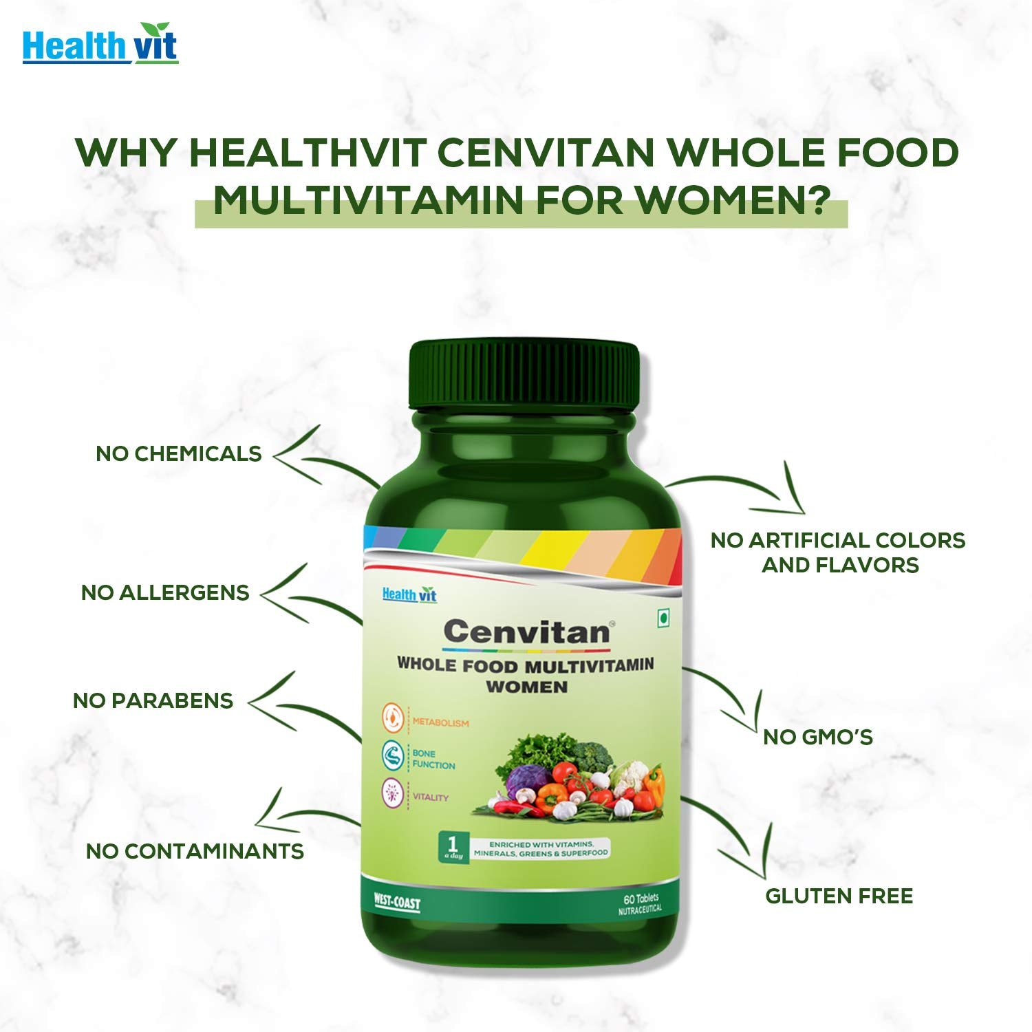 Healthvit Cenvitan Plant Based Whole Food Multivitamin for Women | Enriched with Vitamins, Minerals, Greens, Vegetables, Superfood, Fruits & Herbs Supplement | For Beauty Blend, Immunity– 60 Tablets